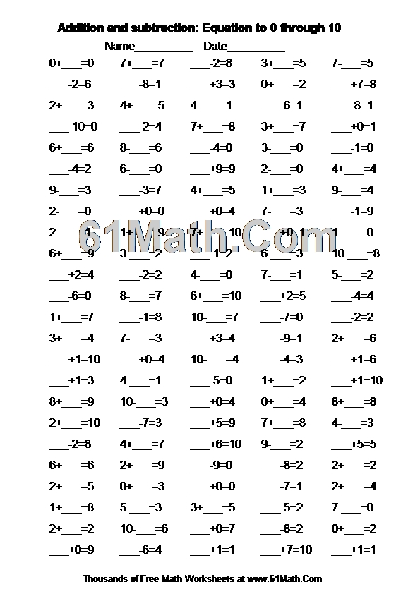 Addition and subtraction: Equation to 0 through 10