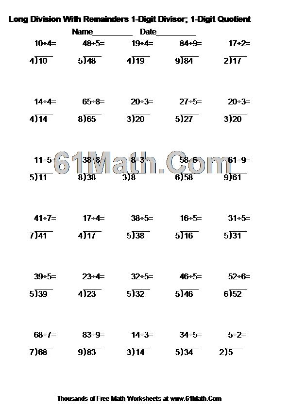 Long Division With Remainders 1-Digit Divisor; 1-Digit Quotient