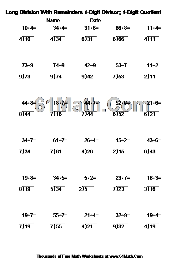 Long Division With Remainders 1-Digit Divisor; 1-Digit Quotient