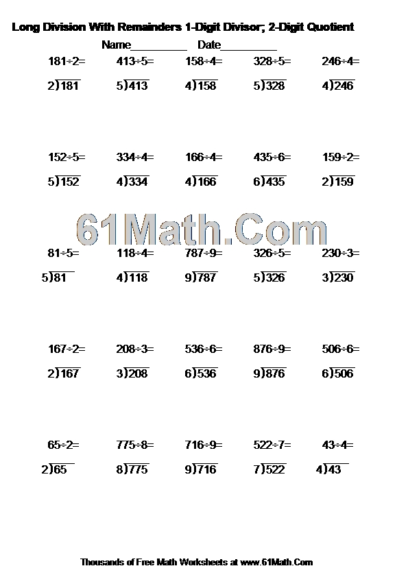 Long Division With Remainders 1-Digit Divisor; 2-Digit Quotient