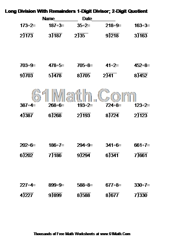 Long Division With Remainders 1-Digit Divisor; 2-Digit Quotient