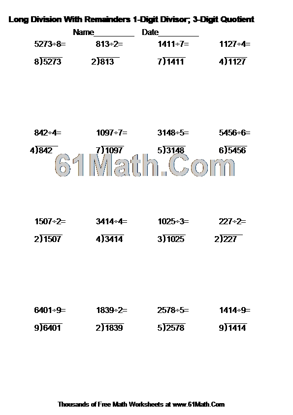 Long Division With Remainders 1-Digit Divisor; 3-Digit Quotient