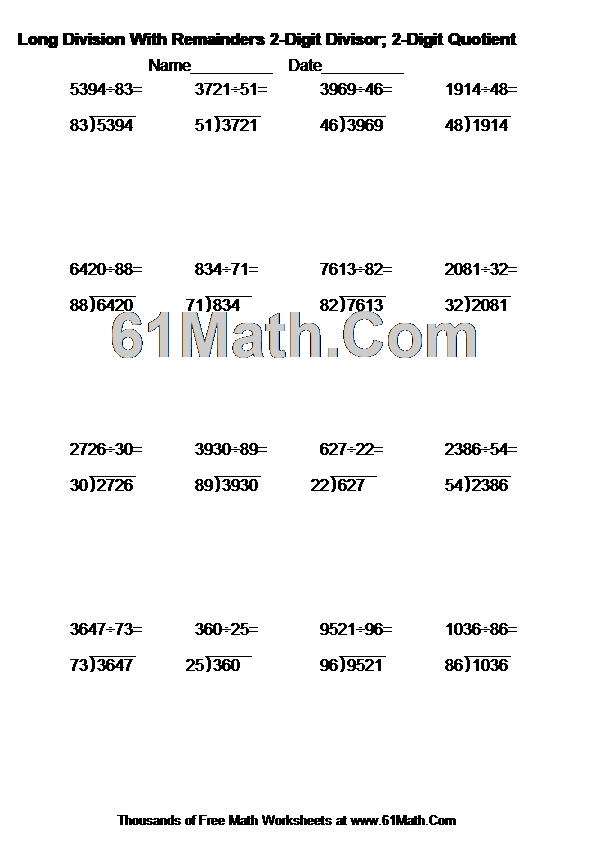 Long Division With Remainders 2-Digit Divisor; 2-Digit Quotient