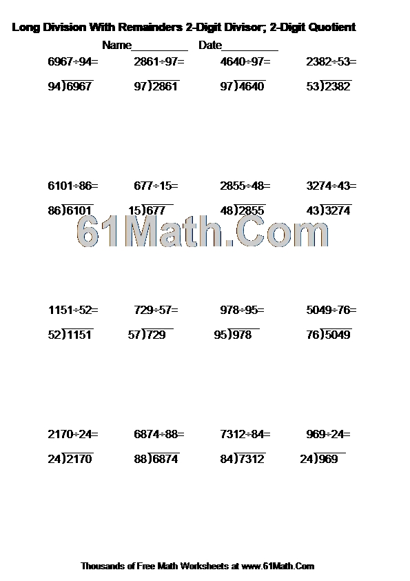 Long Division With Remainders 2-Digit Divisor; 2-Digit Quotient