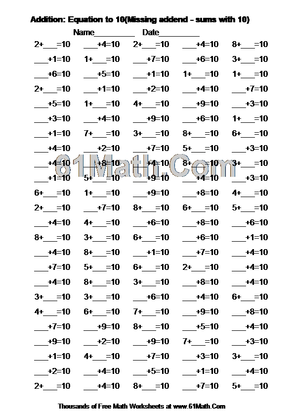 Addition: Equation to 10(Missing addend - sums with 10)