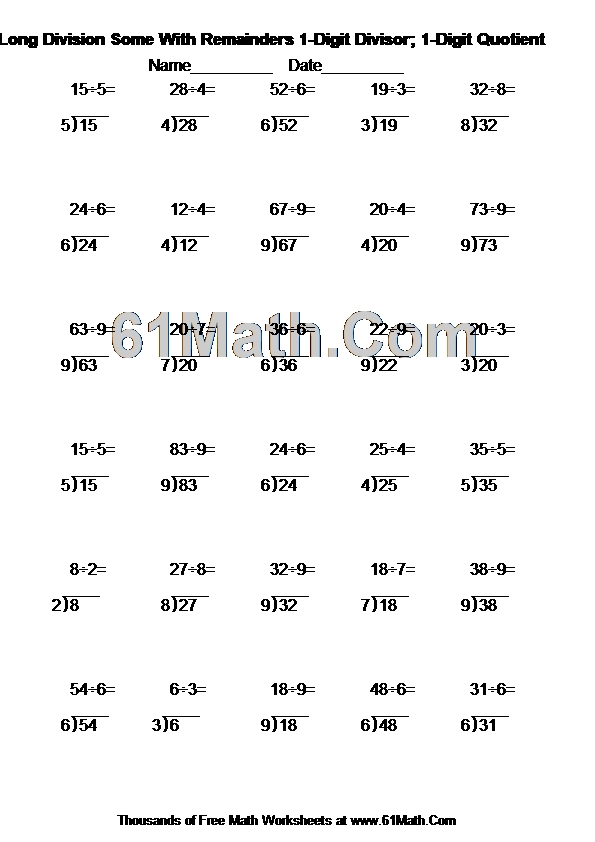 Long Division Some With Remainders 1-Digit Divisor; 1-Digit Quotient