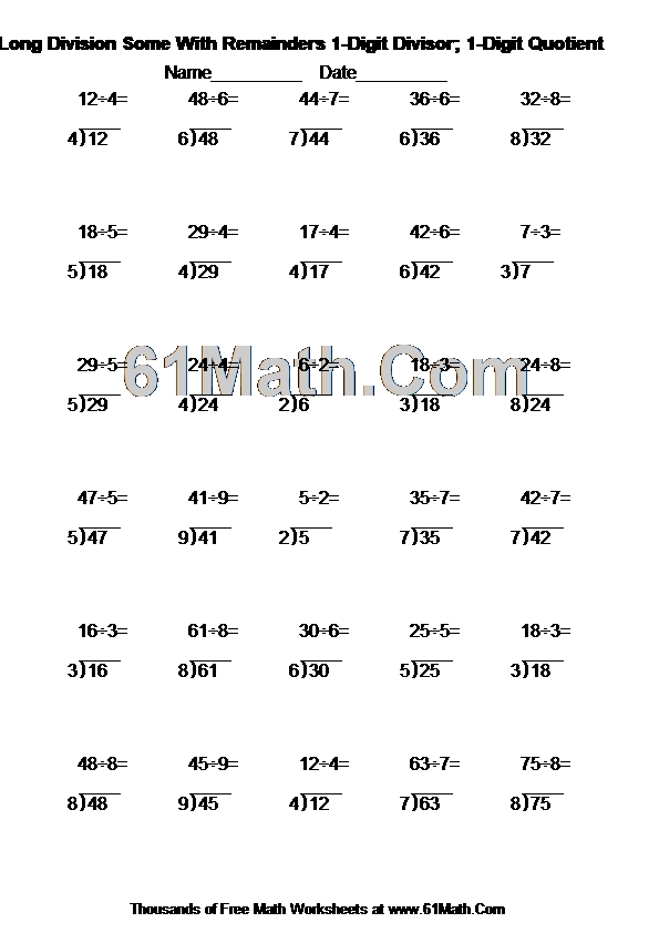 Long Division Some With Remainders 1-Digit Divisor; 1-Digit Quotient