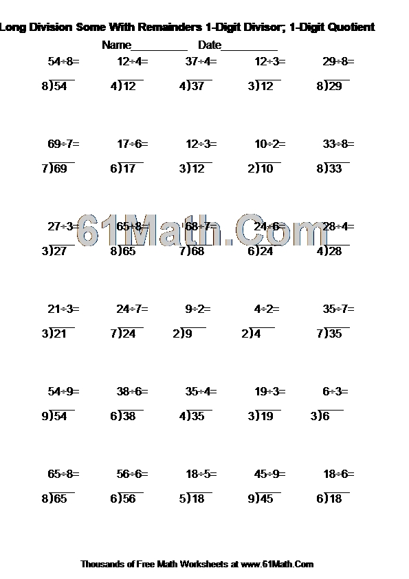 Long Division Some With Remainders 1-Digit Divisor; 1-Digit Quotient