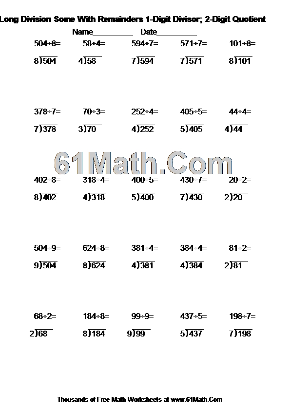 Long Division Some With Remainders 1-Digit Divisor; 2-Digit Quotient