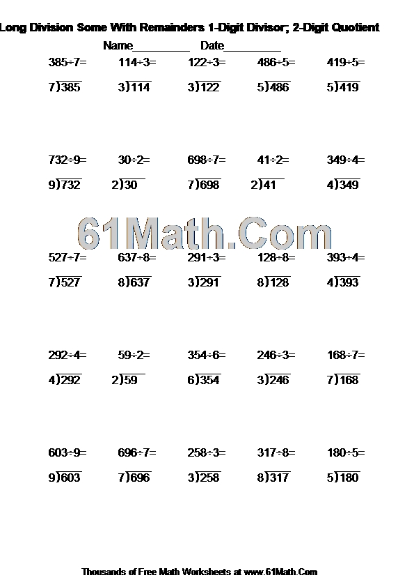 Long Division Some With Remainders 1-Digit Divisor; 2-Digit Quotient