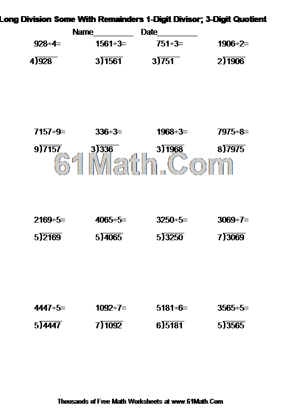 Long Division Some With Remainders 1-Digit Divisor; 3-Digit Quotient