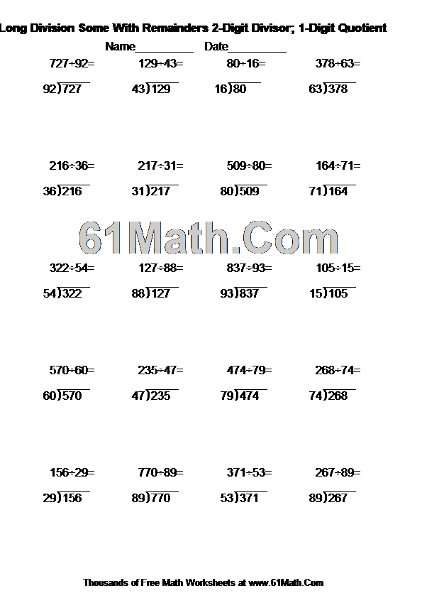 Long Division Some With Remainders 2-Digit Divisor; 1-Digit Quotient