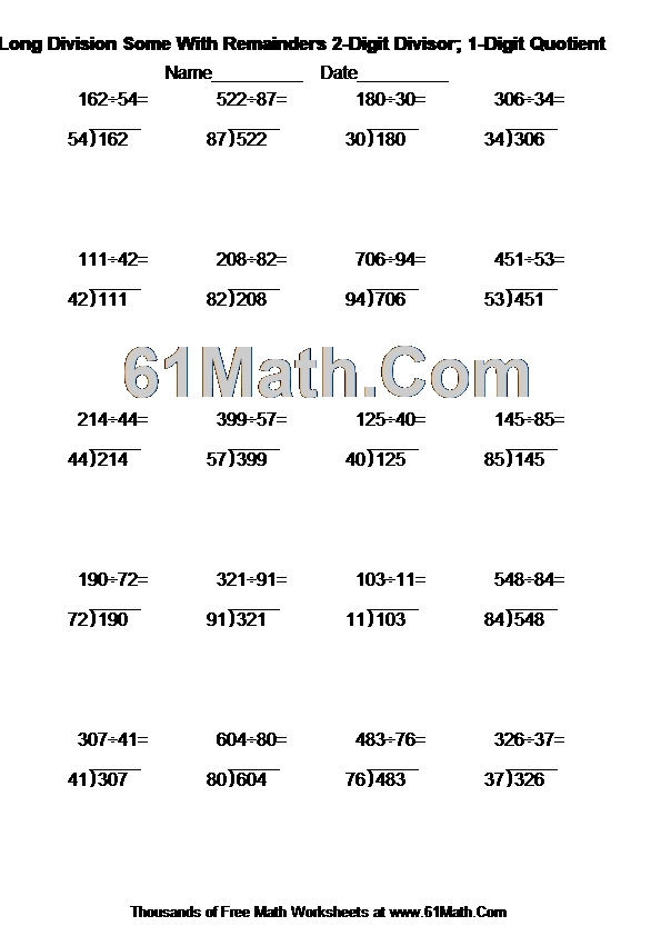 Long Division Some With Remainders 2-Digit Divisor; 1-Digit Quotient