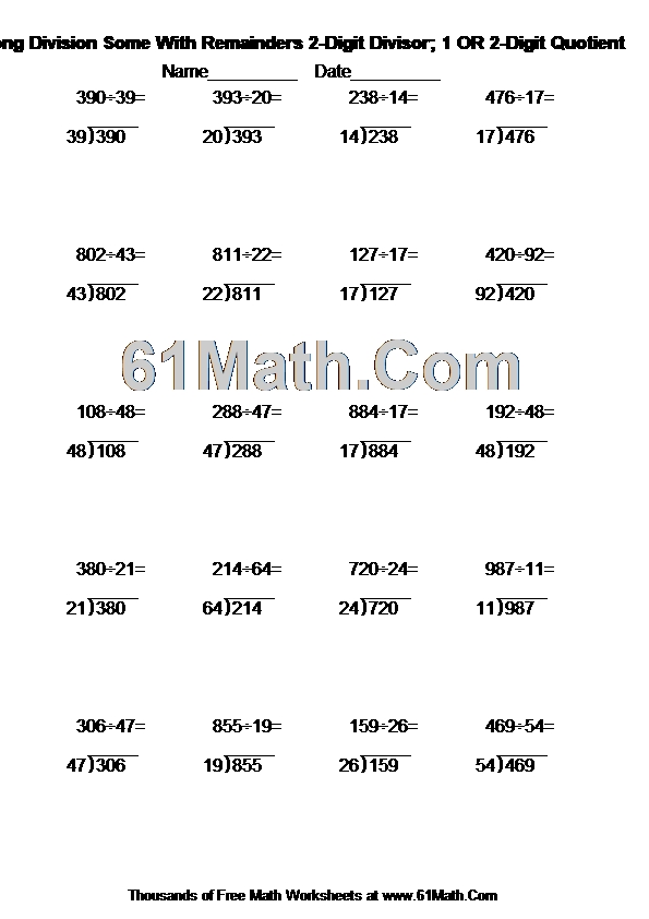Long Division Some With Remainders 2-Digit Divisor; 1 OR 2-Digit Quotient