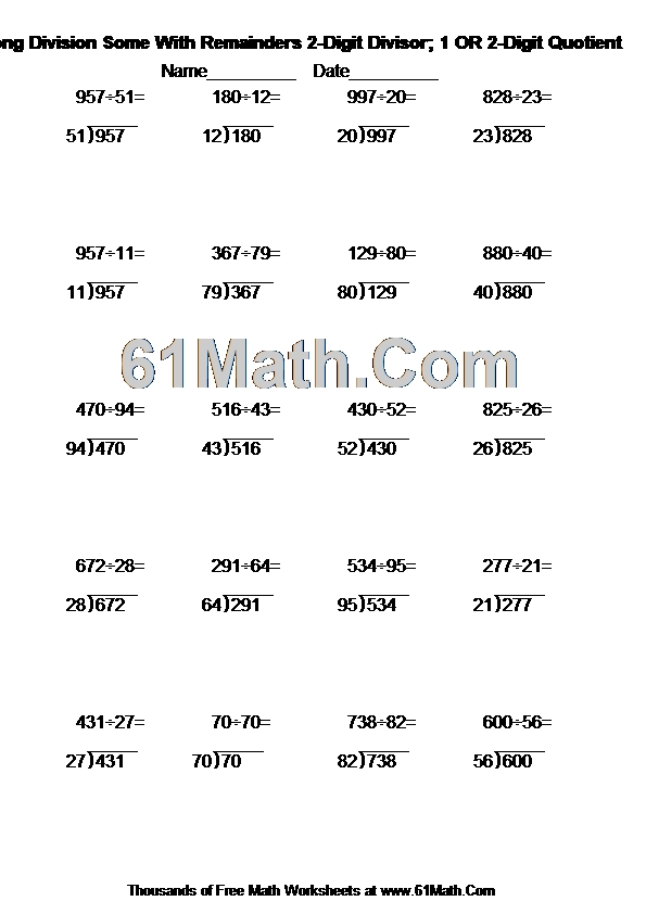 Long Division Some With Remainders 2-Digit Divisor; 1 OR 2-Digit Quotient