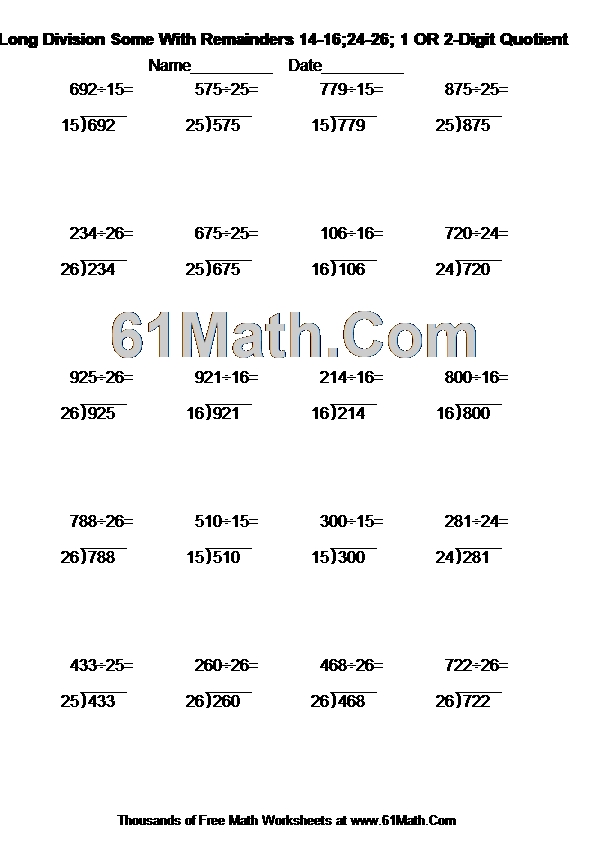 Long Division Some With Remainders 14-16;24-26; 1 OR 2-Digit Quotient