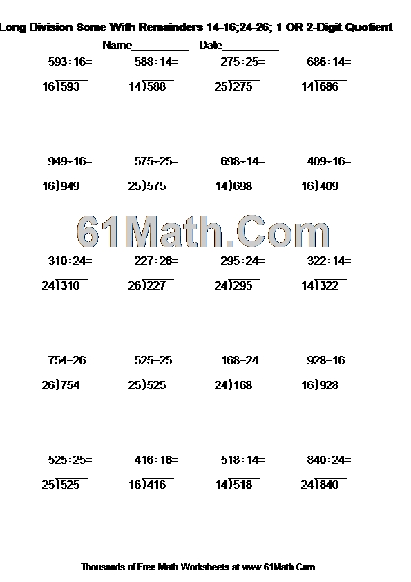 Long Division Some With Remainders 14-16;24-26; 1 OR 2-Digit Quotient