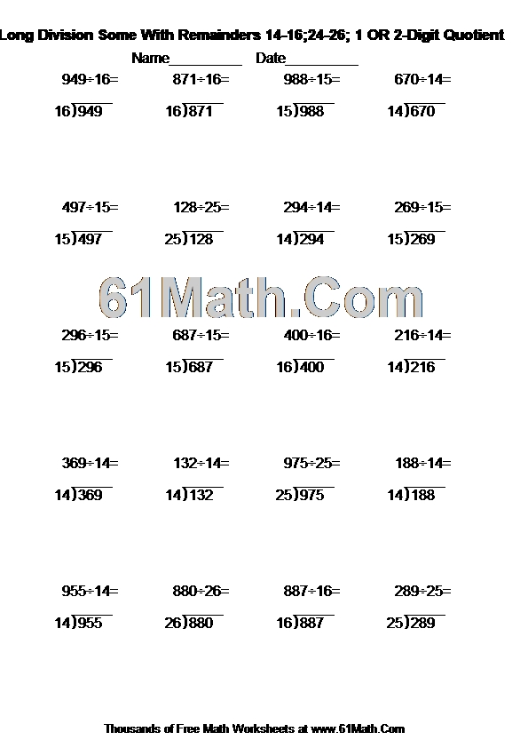 Long Division Some With Remainders 14-16;24-26; 1 OR 2-Digit Quotient