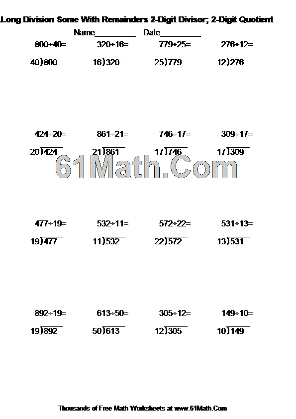 1.Long Division Some With Remainders 2-Digit Divisor; 2-Digit Quotient