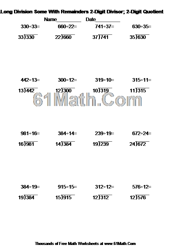 1.Long Division Some With Remainders 2-Digit Divisor; 2-Digit Quotient