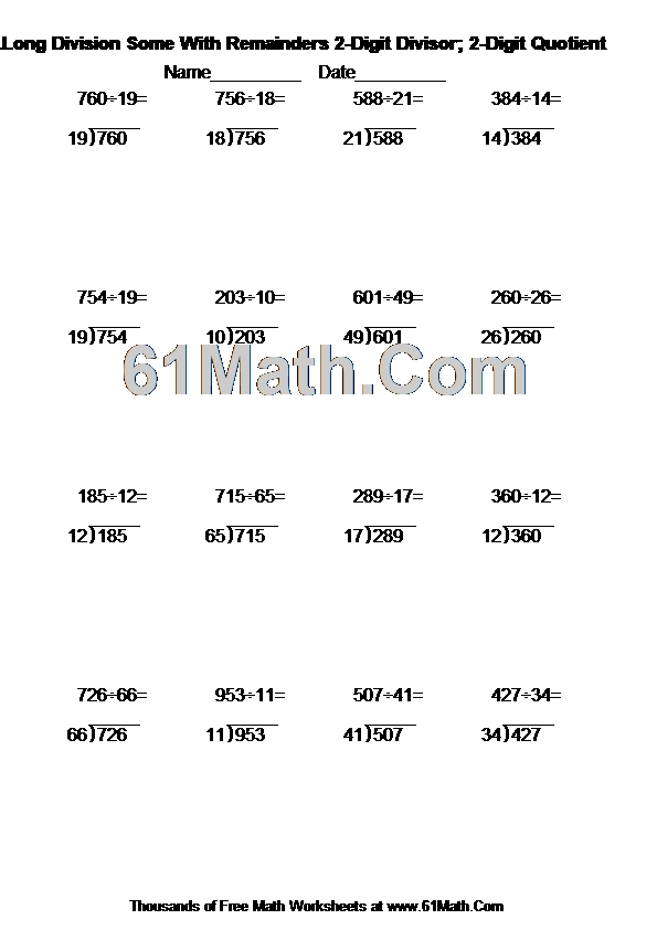 1.Long Division Some With Remainders 2-Digit Divisor; 2-Digit Quotient