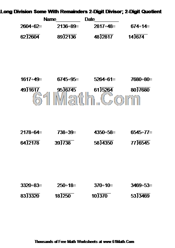2.Long Division Some With Remainders 2-Digit Divisor; 2-Digit Quotient