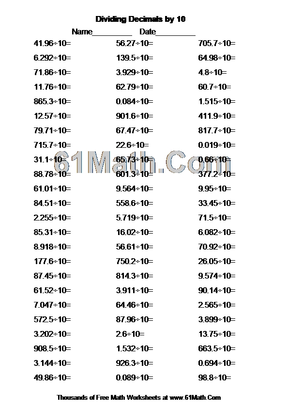 Dividing Decimals by 10