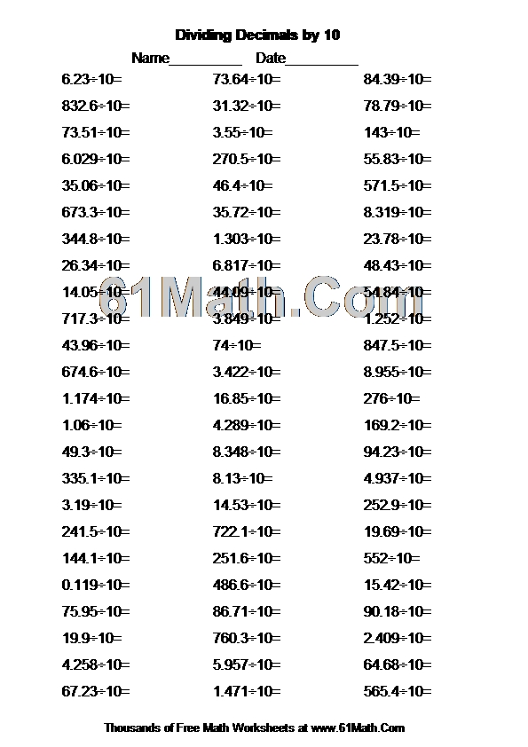 Dividing Decimals by 10