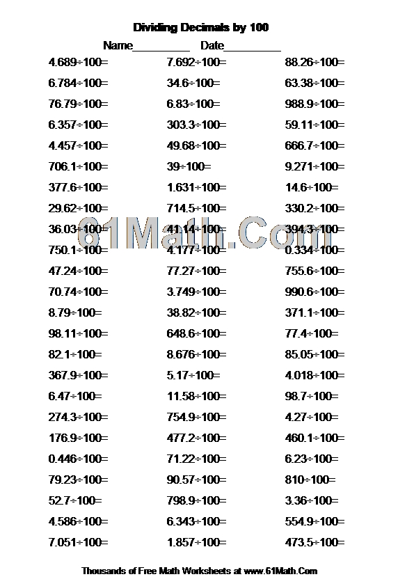 Dividing Decimals by 100