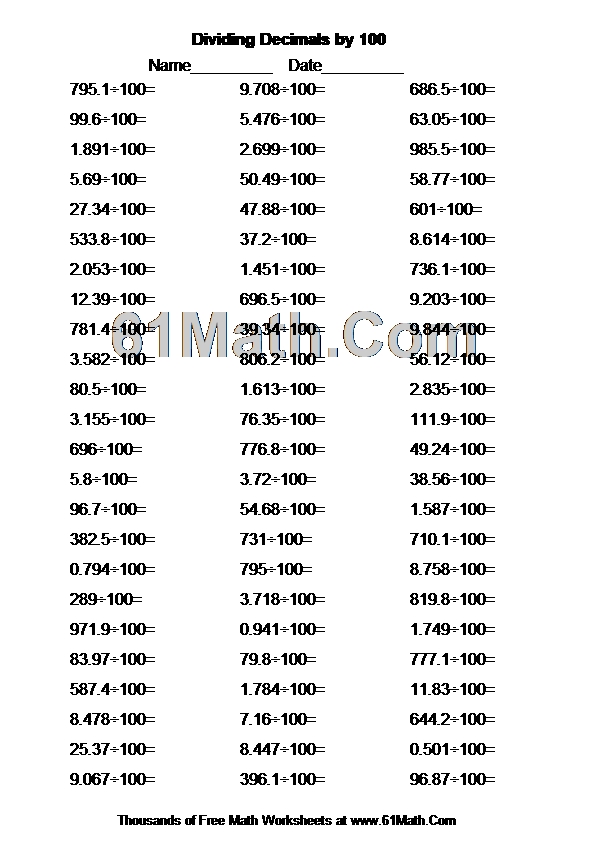 Dividing Decimals by 100