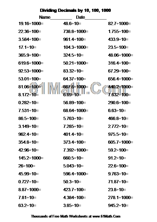 Dividing Decimals by 10, 100, 1000
