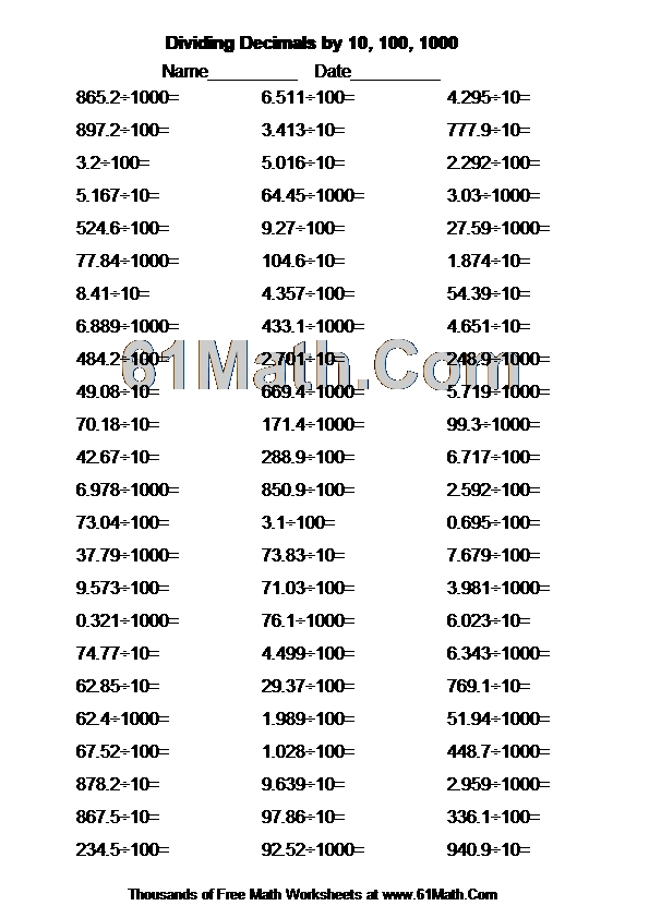 Dividing Decimals by 10, 100, 1000