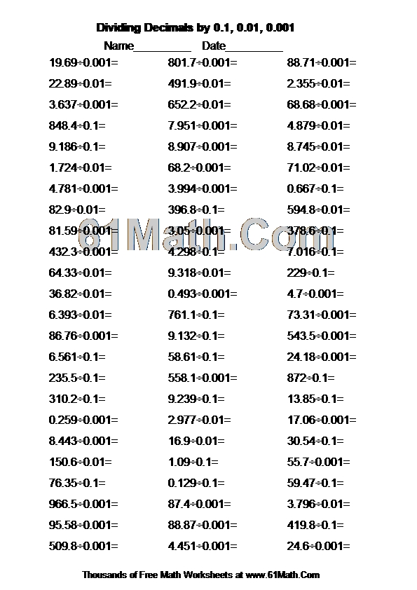 Dividing Decimals by 0.1, 0.01, 0.001