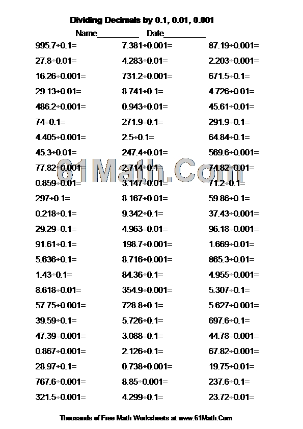 Dividing Decimals by 0.1, 0.01, 0.001