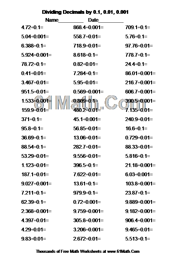 Dividing Decimals by 0.1, 0.01, 0.001