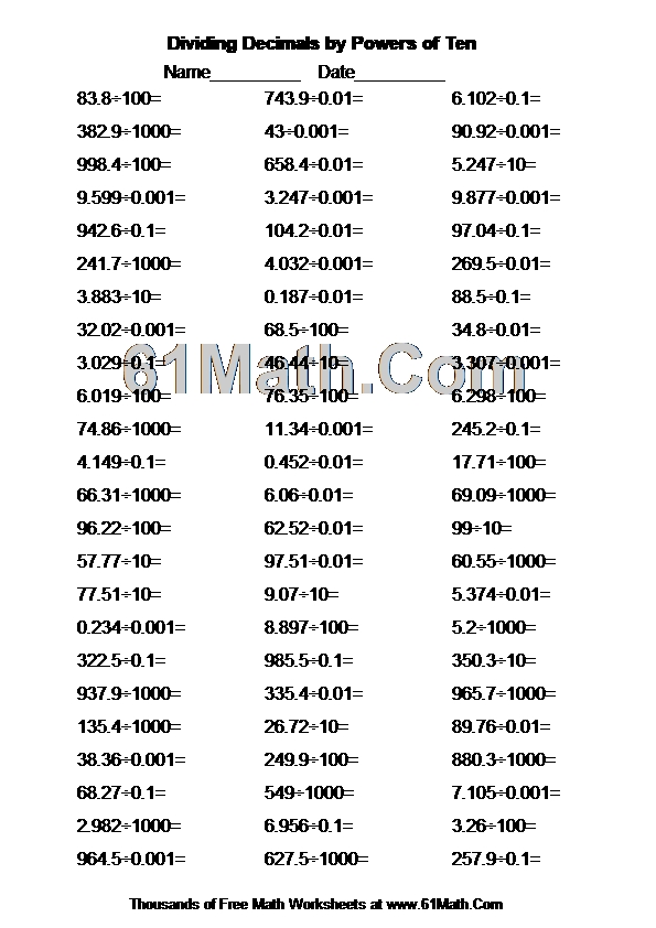 Dividing Decimals by Powers of Ten