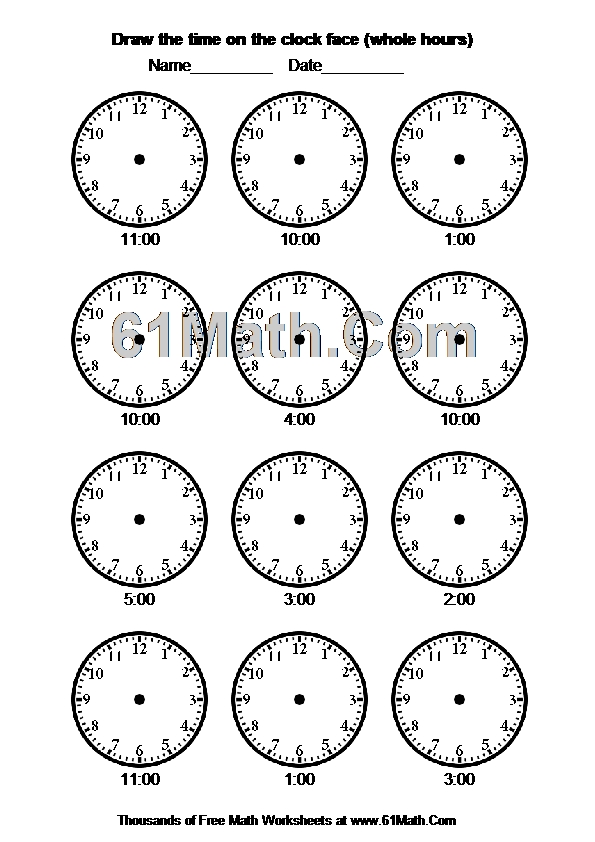 Draw the time on the clock face (whole hours)