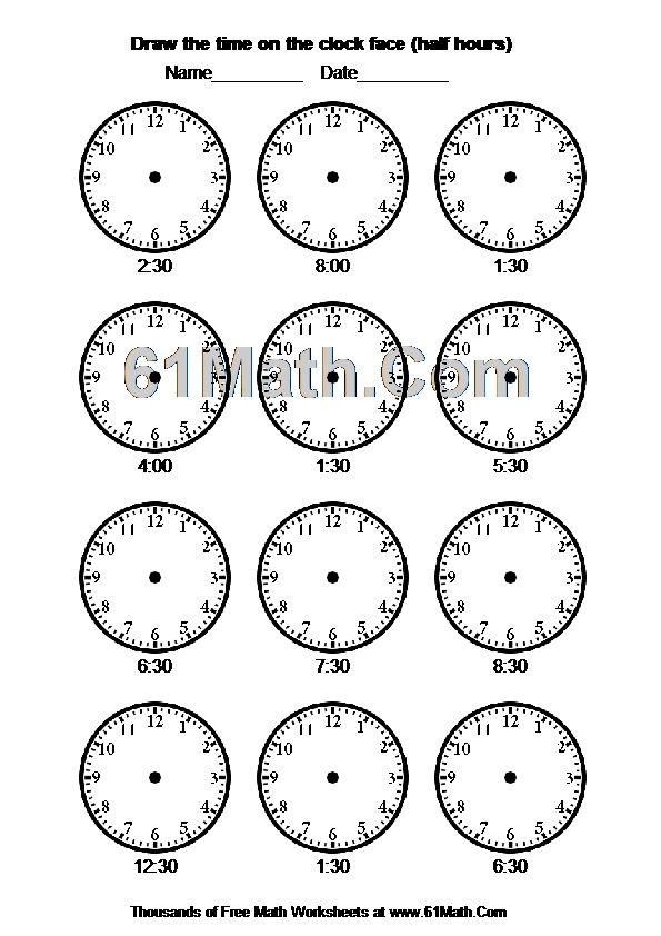 Draw the time on the clock face (half hours)