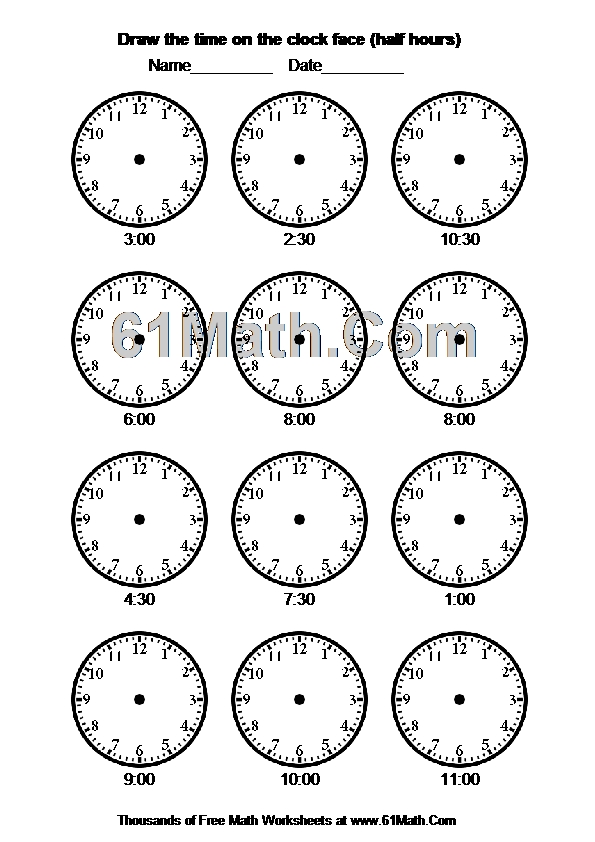 Draw the time on the clock face (half hours)