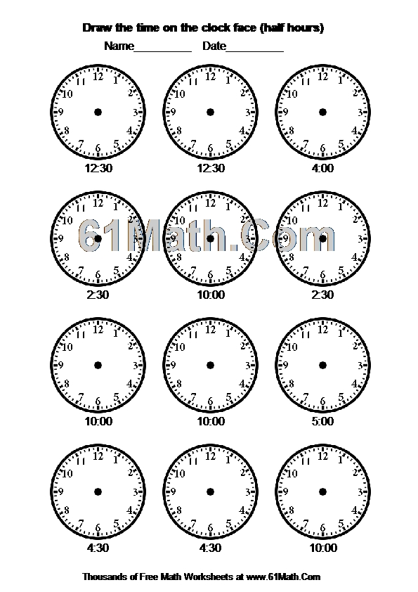 Draw the time on the clock face (half hours)