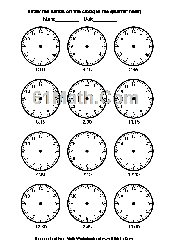 Draw the hands on the clock(to the quarter hour)