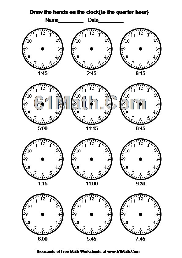 Draw the hands on the clock(to the quarter hour)