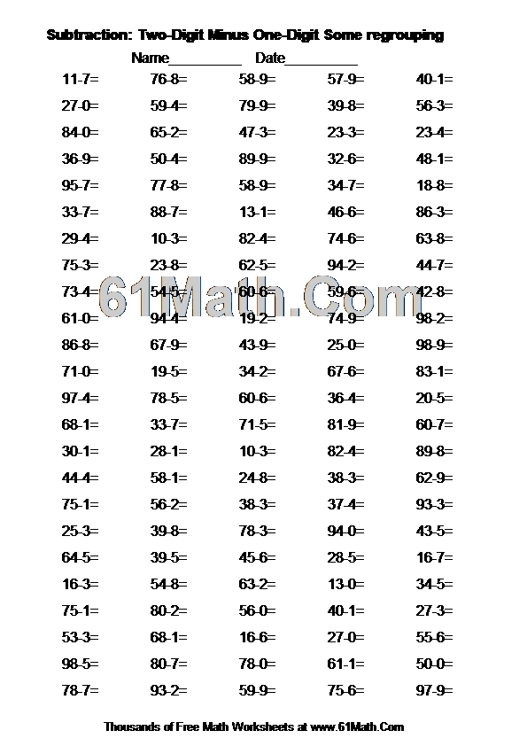Subtraction: Two-Digit Minus One-Digit Some regrouping