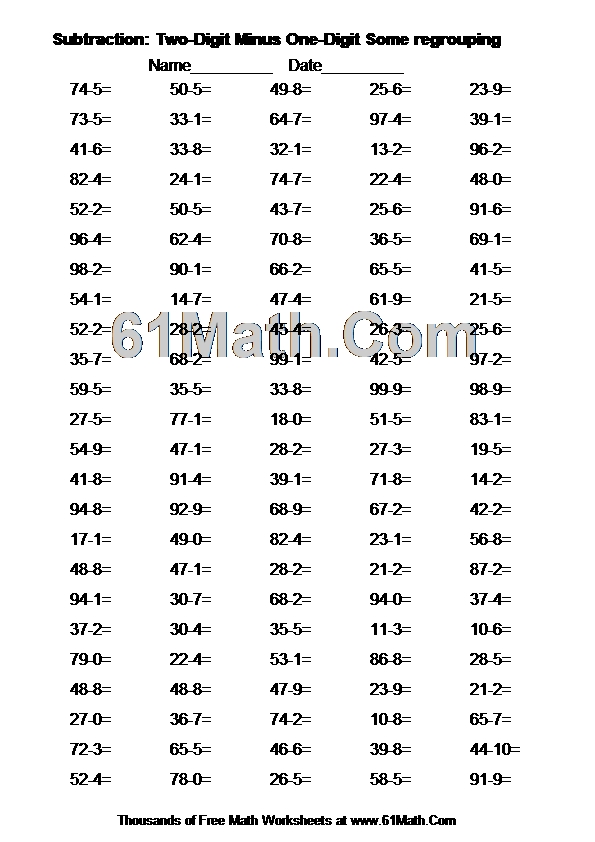 Subtraction: Two-Digit Minus One-Digit Some regrouping