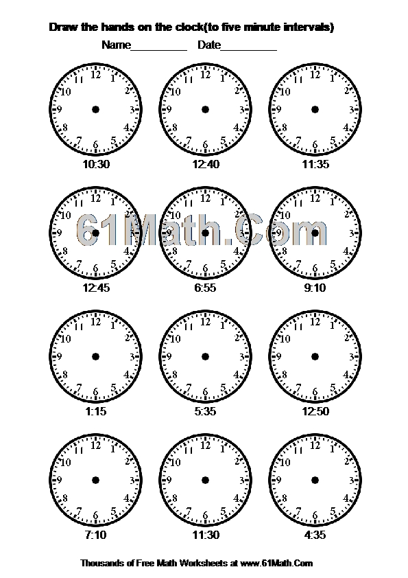 Draw the hands on the clock(to five minute intervals)