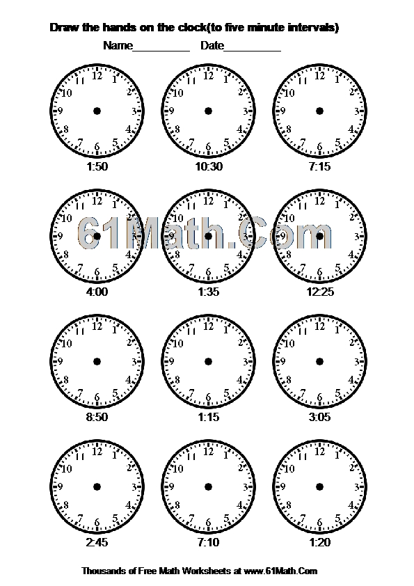 Draw the hands on the clock(to five minute intervals)
