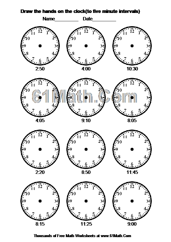 Draw the hands on the clock(to five minute intervals)