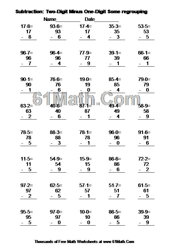 Subtraction: Two-Digit Minus One-Digit Some regrouping