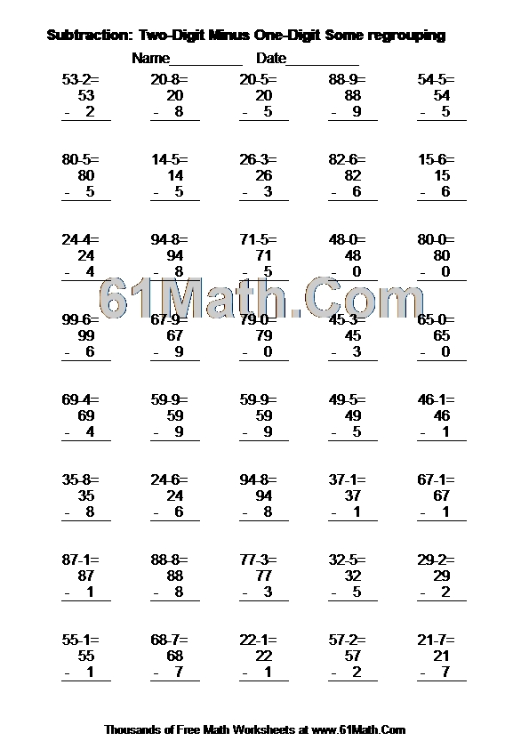 Subtraction: Two-Digit Minus One-Digit Some regrouping