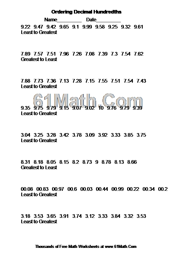 Ordering Decimal Hundredths